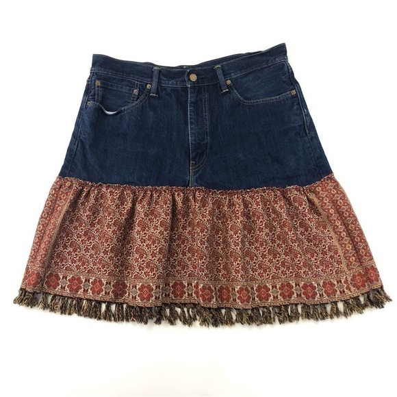 Levis upcycled western style denim tapestry fringe skirt Size 14-16 - Picture 1 of 9